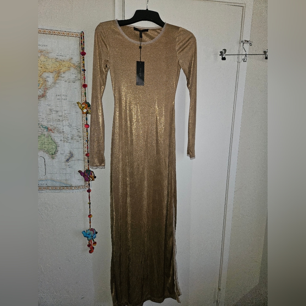 Gold Long-Sleeve Metallic Maxi Dress